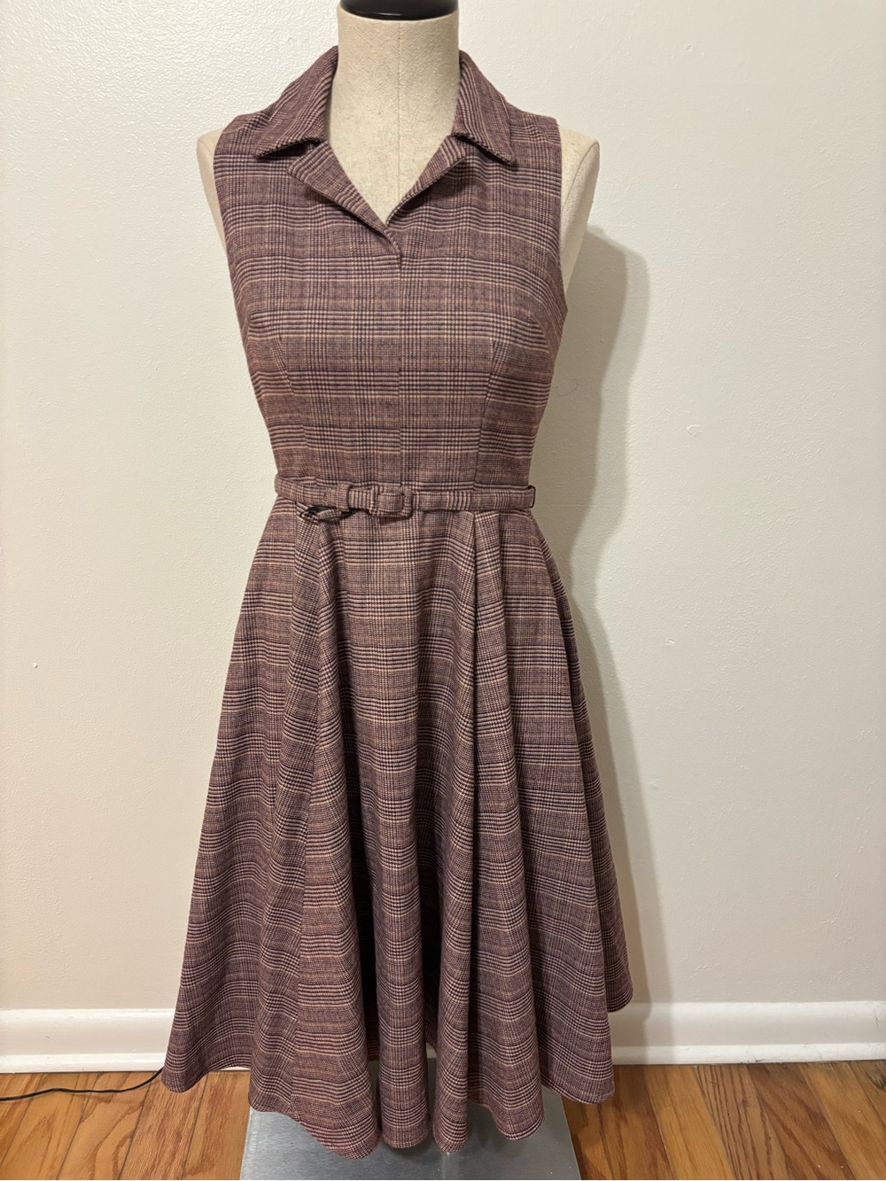Gal Meets Glam Mauve Plaid Sleeveless Collared Fit-and-Flare Dress